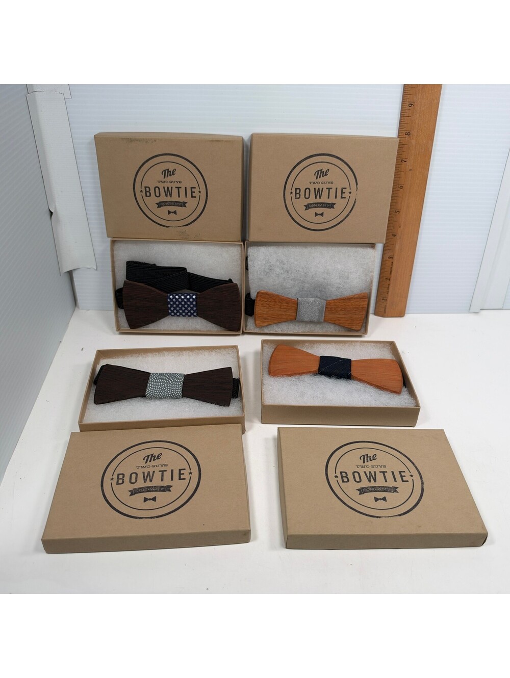 Two Guys Bow Ties Handmade Wooden Bowtie Set of 4 Adjustable Mens Accessories